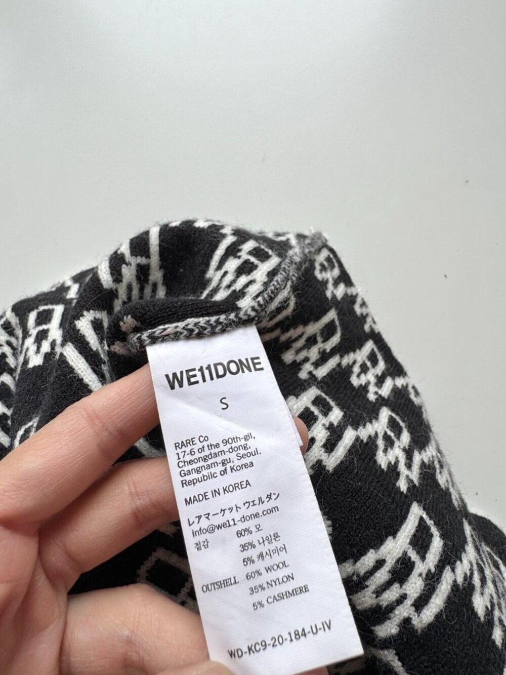 WE11DONE WD1 White Black Logo Wool Cashmere Jacquard Cardigan Sweater, Size S - Picture 15 of 16